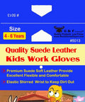 Packaging for Quality Suede Leather Kids Work Gloves, size 4-6 years, with cartoon characters and product details.