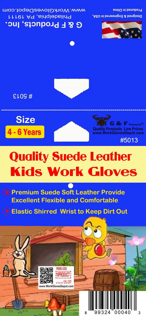 Packaging for Quality Suede Leather Kids Work Gloves, size 4-6 years, with cartoon characters and product details.