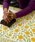 Top Tier Floral Block Print Cotton Tablecloth Yellow Rectangular Dining Cover Washable Farmhouse Kitchen Linen being printed