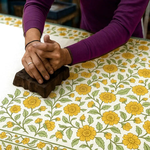 Top Tier Floral Block Print Cotton Tablecloth Yellow Rectangular Dining Cover Washable Farmhouse Kitchen Linen being printed
