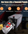 Beefy 12V DC Single Acting Hydraulic Pump Power Unit with 3.75 Gallon Steel Reservoir in industrial setting.