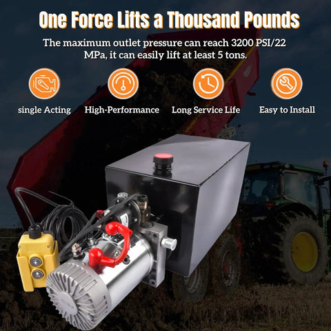 Beefy 12V DC Single Acting Hydraulic Pump Power Unit with 3.75 Gallon Steel Reservoir in industrial setting.