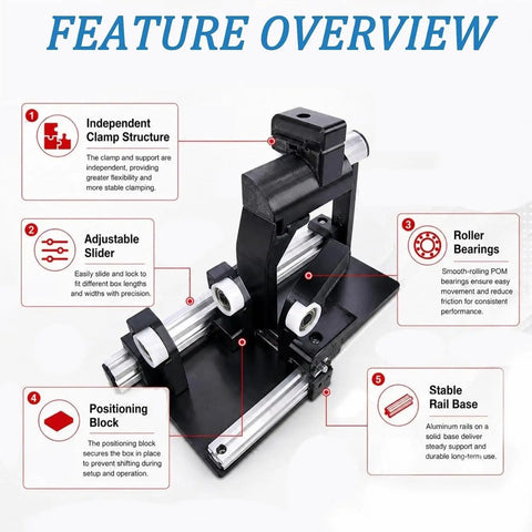 Hassle Free Shipping Box Folder That Creases Cardboard Flaps Rapidly Adjustable Manual Pressing Tool, featuring independent clamp, adjustable slider.