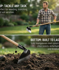 Man using Beefy Heavy Duty Garden Hoe Head For Weeding And Digging, Round Eye Hand Hoe Tool For Agriculture And Farming, Rugged Steel Construction.