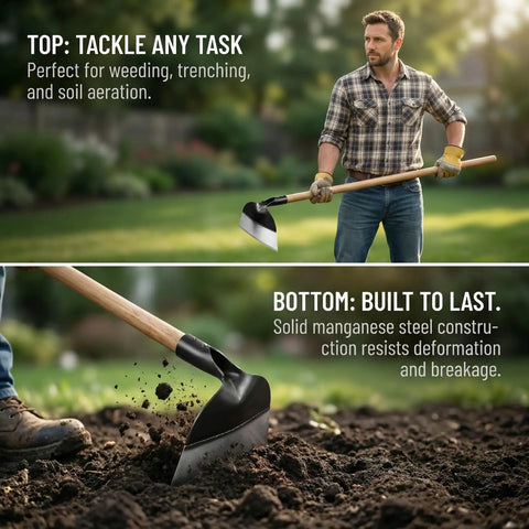 Man using Beefy Heavy Duty Garden Hoe Head For Weeding And Digging, Round Eye Hand Hoe Tool For Agriculture And Farming, Rugged Steel Construction.