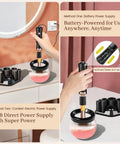 Electric Makeup Brush Cleaner And Dryer Machine For Quick Clean And Dry Makeup Brushes Automatic Cosmetic Brush Spinner Washer Is A Game Changer For Busy Mornings Fast Hands Free Cleaning And Drying, shown with USB and battery power options.