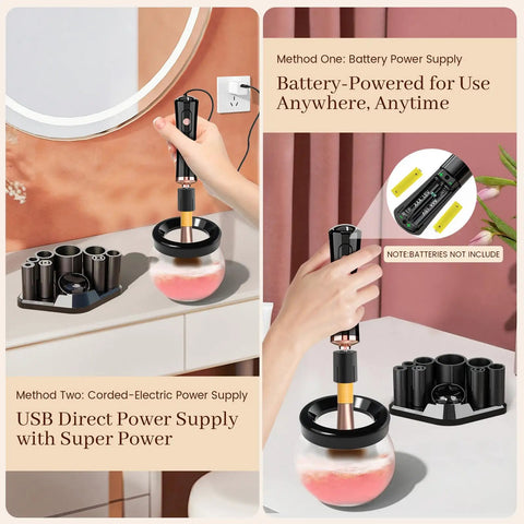 Electric Makeup Brush Cleaner And Dryer Machine For Quick Clean And Dry Makeup Brushes Automatic Cosmetic Brush Spinner Washer Is A Game Changer For Busy Mornings Fast Hands Free Cleaning And Drying, shown with USB and battery power options.