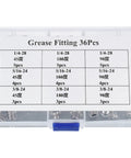 36-Piece Nickel-Plated Steel Grease Fittings Kit With Straight And Angled Nipples 1/4-28, 5/16-24, 3/8-24 Threads, display box shown