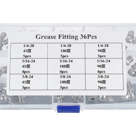 36-Piece Nickel-Plated Steel Grease Fittings Kit With Straight And Angled Nipples 1/4-28, 5/16-24, 3/8-24 Threads, display box shown