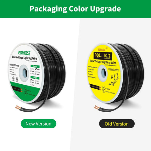 Comparison of new and old packaging for Low Voltage Landscape Lighting Wire 10 Gauge 2 Conductor Direct Burial Spool 100 Feet PVC Insulated