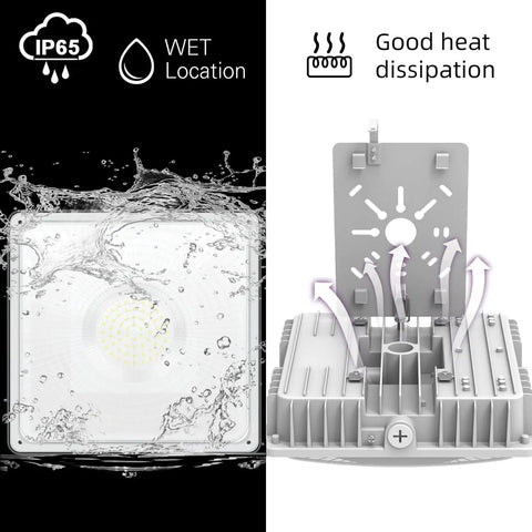 Dope 50W LED Canopy Light for Outdoor Gas Stations and Warehouses, 5700K Cool White, showing IP65 rating and heat dissipation