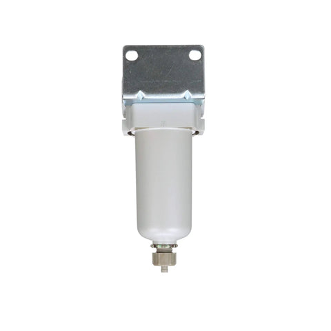Heavy Duty Compressed Air Particulate Filter With 10 Micron Element, Metal Bowl And Sight Glass, Half Inch NPT Connection, Manual Drain, Mounting Bracket, High Flow 211 SCFM At 90 PSI For Industrial Pneumatic Systems.