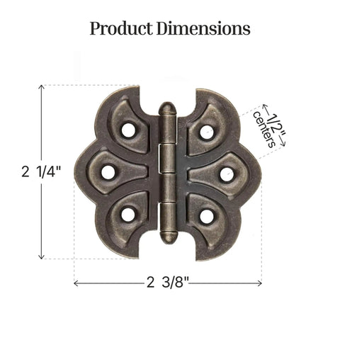 Heavy Duty Antique Brass Butterfly Cabinet Door Hinges Pack Of Two Surface Mount Furniture Hardware With Screws For Woodworking Builds And Crafts That Look Super Sick, dimensions shown.