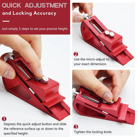 Setup Block Height Gauge for Precise Woodworking, Go-To Quick-Adjust Aluminum Tool in red showing adjustment steps.