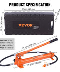 Front view of VEVOR 12 Ton Porta Power hydraulic kit with orange ram, 4.6 ft hose, and storage case