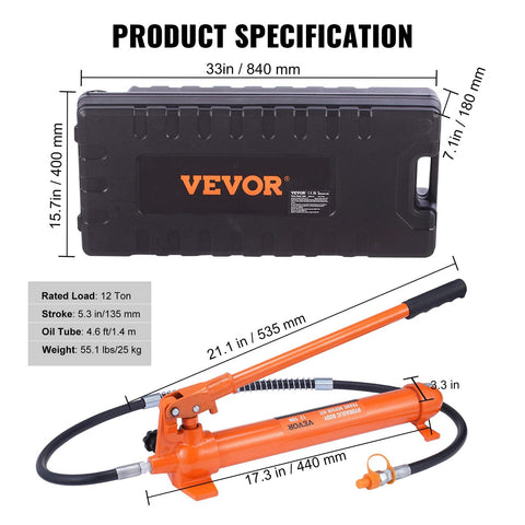 Front view of VEVOR 12 Ton Porta Power hydraulic kit with orange ram, 4.6 ft hose, and storage case