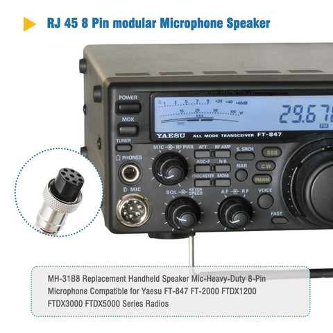 Heavy Duty 8 Pin Handheld Speaker Mic For Ham Radios, Coiled Cord, Crisp Clear Sound, Direct Replacement For MH-31B8 And MH-31A8J, Beefy Build, Compatible With Yaesu FT-847 FT-2000 FTDX1200 FTDX3000 FTDX5000 Series Radios shown with cord close-up.