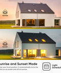 Two images of a house showing lighting at sunrise and sunset demonstrating the light scheduling feature.