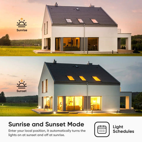 Two images of a house showing lighting at sunrise and sunset demonstrating the light scheduling feature.