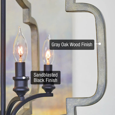 Close-up of Atwood 23 Inch Four Light Farmhouse Pendant Light Chandelier with Gray Oak Wood and Sandblasted Black Finish detail.