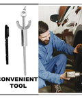 DIY Auto Body Dent Repair Kit with Wheel Arch Marker, Iron Tool and Technician Working on Car Wheel in Garage