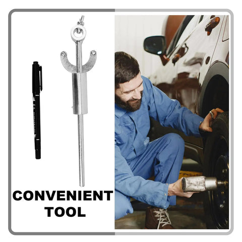 DIY Auto Body Dent Repair Kit with Wheel Arch Marker, Iron Tool and Technician Working on Car Wheel in Garage