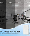 Image showing a dimmable office setting with lighting levels from 25% to 100% using the 24 Pack 2x4 LED Flat Panel Light For Drop Ceiling With 0-10V Dimmable And Selectable 3500K/4000K/5000K, 30W/40W/50W, High Lumen Office And Warehouse Fixture, 120-277V, UL DLC Listed.