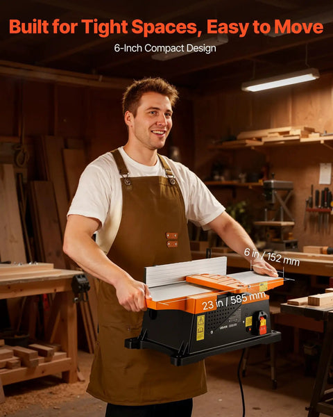Heavy Duty Six Inch Spiral Benchtop Jointer Boasts A Beefy Two Horsepower Motor Churning At Twelve Thousand Rpm With Twelve Blade Spiral Cutterhead Delivering Flawless Surfaces Adjustable Fence And Solid Cast Aluminum Table Built Tough For Real Workers in a workshop.