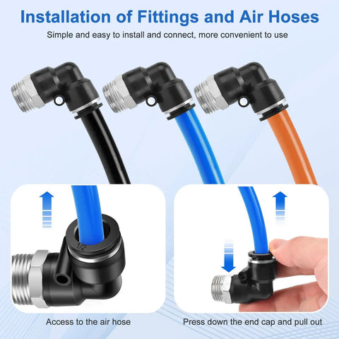 Push To Connect Pneumatic Fittings Half Inch Tube Outer Diameter And Half Inch NPT Thread installation demo with color-coded tubes