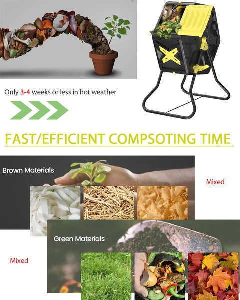 18.5 Gal Tumbling Compost Bin For Outdoor Gardens With BPA Free Materials Easy Turn Single Rotating Chamber Fast Working System UV Protected Barrel And Powder Coated Steel Stand Space Saver For Balcony Patio Or Rooftop