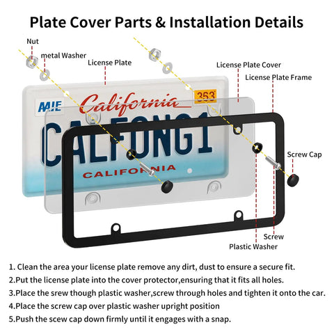 2 Pack Universal Gray License Plate Frame And Cover Set With Screws And Caps installation diagram on US plate