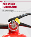 Close-up of pressure indicator on ABC Fire Extinguisher 2.5lb Portable Ready To Roll Home Kitchen Garage Vehicle Safety Kit.