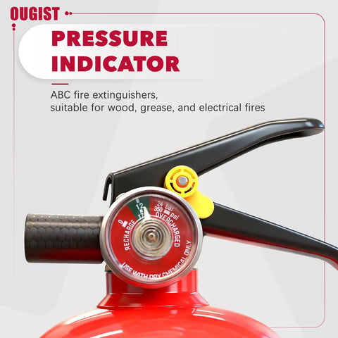 Close-up of pressure indicator on ABC Fire Extinguisher 2.5lb Portable Ready To Roll Home Kitchen Garage Vehicle Safety Kit.