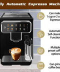 Top Shelf Fully Automatic Espresso Machine With Built In Grinder One Touch Cappuccino Latte Americano Self Cleaning No Drama Quick Grind Go To Coffee Station with coffee mug and control panel.