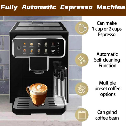 Top Shelf Fully Automatic Espresso Machine With Built In Grinder One Touch Cappuccino Latte Americano Self Cleaning No Drama Quick Grind Go To Coffee Station with coffee mug and control panel.