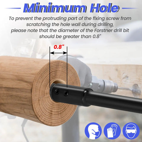 Heavy Duty Forstner Bit Extension Set Delivers Badass Depth To Every Woodshop Project Through Killer Reach And Glide Like Butter Handling Plus Twin Wrenches For Zero Stress Access In Cramped Areas, showing minimum hole size of 0.8 inches on wood.