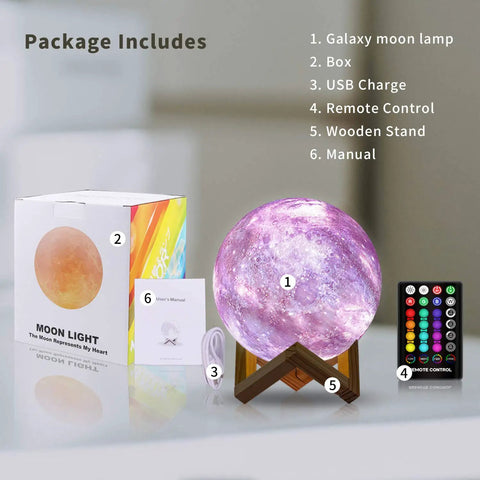 Moon Galaxy Lamp Night Light For Kids With 16 Colors 3D LED Moon With Stand Remote And Touch Control Dimmable Brightness USB Rechargeable Timed Auto Off Cool Gift For Boys Girls Friends Christmas Birthday in package with accessories