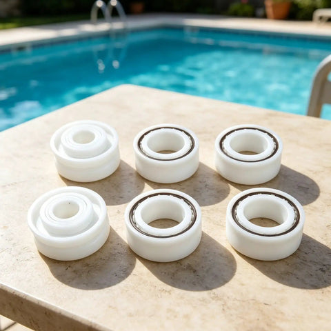 Roller Bearing Guide Kit RCX26000 RCX26001 For TigerShark Robotic Pool Cleaner DIY Friendly Pro Grade Replacement Kit Includes One RCX26001 Bearing And Two RCX26000 Bearings For Smooth Wheel Rotation And Stable Tracking, six white bearings on pool deck
