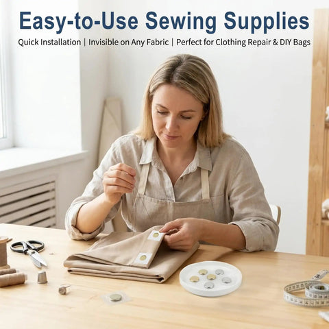 Woman sewing with Hidden Magnetic Sewing Snaps 1.18-Inch Hella Strong and Low Profile for DIY Clothing Fixes on fabric.