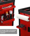 Magnetic Toolbox Tray Set 4 Piece With 6 Inch And 12 Inch Trays Paper Towel Holder 3 Spray Can Holders And 7 Screwdriver Holes Heavy Duty Powder Coated Steel Magnetic Organizer For Garage Or Shop Red installed on cabinet