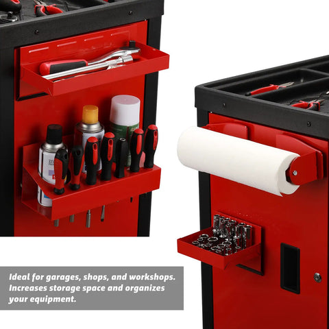 Magnetic Toolbox Tray Set 4 Piece With 6 Inch And 12 Inch Trays Paper Towel Holder 3 Spray Can Holders And 7 Screwdriver Holes Heavy Duty Powder Coated Steel Magnetic Organizer For Garage Or Shop Red installed on cabinet