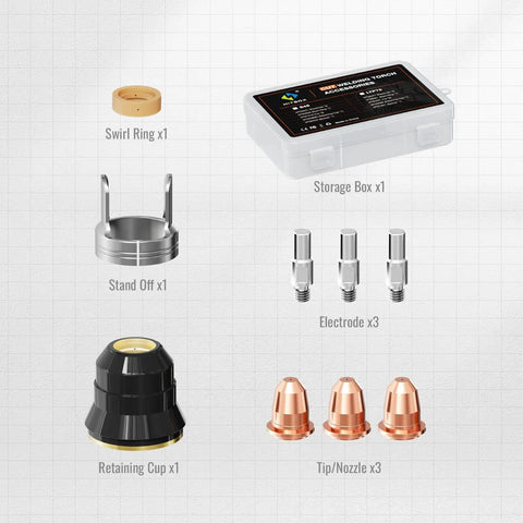 S45 Plasma Cutter Accessory Kit 9 Piece Plasma Cutting Torch Consumables Set with electrodes, nozzles, and shields displayed