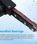 Close-up of Heavy Duty Electric Mini Belt Sander With Knockout Rubber Grip and Variable Speed showing sanding belt and bearings.