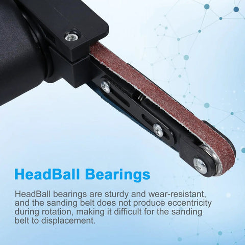 Close-up of Heavy Duty Electric Mini Belt Sander With Knockout Rubber Grip and Variable Speed showing sanding belt and bearings.
