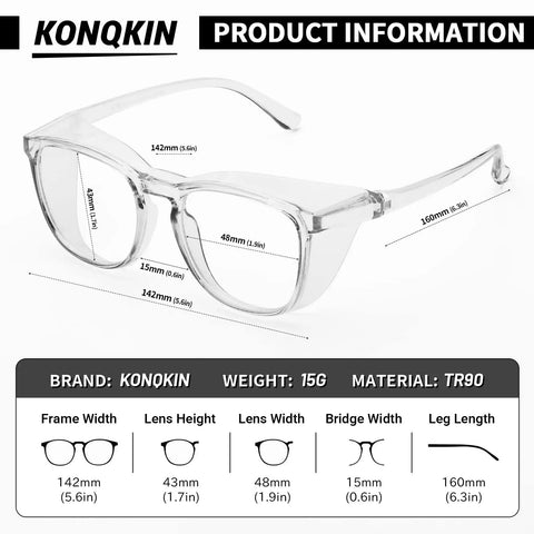 Anti Fog Safety Glasses With Anti Blue Light, Protective Eyewear For Nurses And All Day Use, square frame dimensions diagram