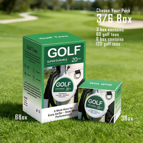 Eco Bamboo Golf Tees Set With Portable Round Case Mixed Sizes 3 Inch 2.5 Inch 1.5 Inch 60 Pieces In 3 Boxes packaging on grass