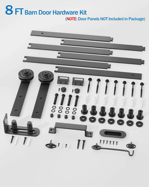 Heavy Duty Sliding Barn Door Hardware Kit With 8Ft Black Steel Track Rail Industrial Grade Roller System Handles And Latch