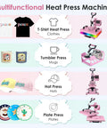 5 In 1 Heat Press 12x15 Swing Away Sublimation Machine For T Shirts Hats And Garments With Teflon Sheets aluminum press shown for shirts, mugs, hats and plates