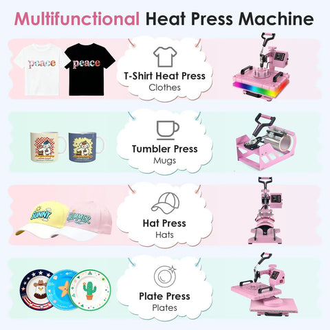 5 In 1 Heat Press 12x15 Swing Away Sublimation Machine For T Shirts Hats And Garments With Teflon Sheets aluminum press shown for shirts, mugs, hats and plates