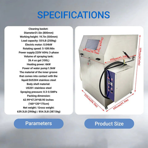 Industrial Parts Rotary Spray Washer Cabinet Beast Mode Grimebusting Powerhouse specifications and dimensions in stainless steel.